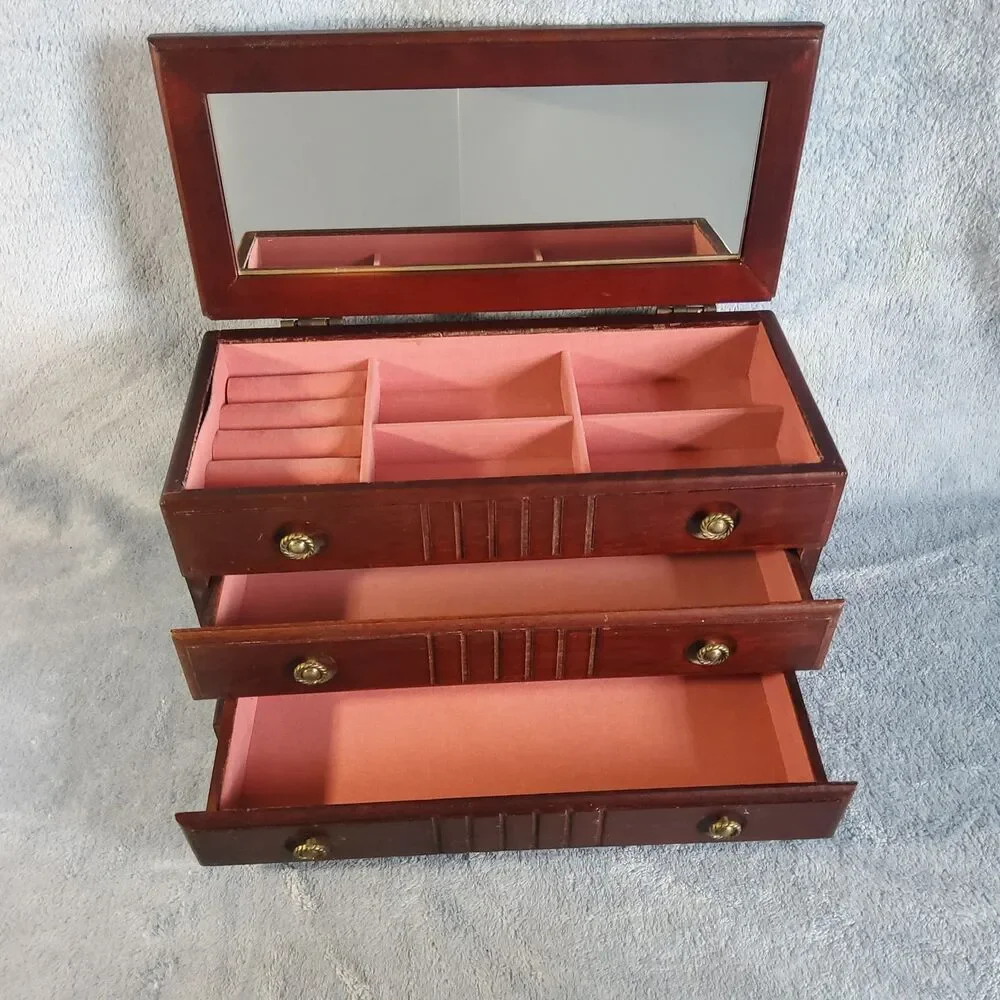 Vintage Wooden Jewelry Armoire Chest Storage Box Pink Velvet Lining 12